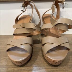 Franco Sarto Beige Cork Wedge Sandals with Ankle Strap